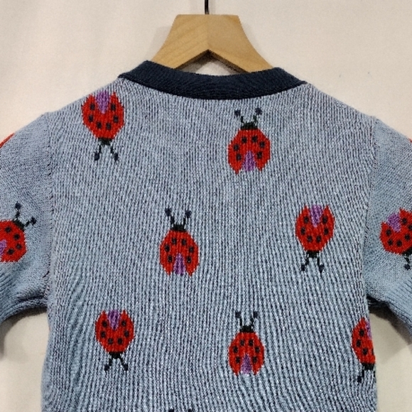 ModCloth Ladybug Knit Short Sleeve Cardigan Sweater Womens S Blue Red Artsy - Picture 7 of 9